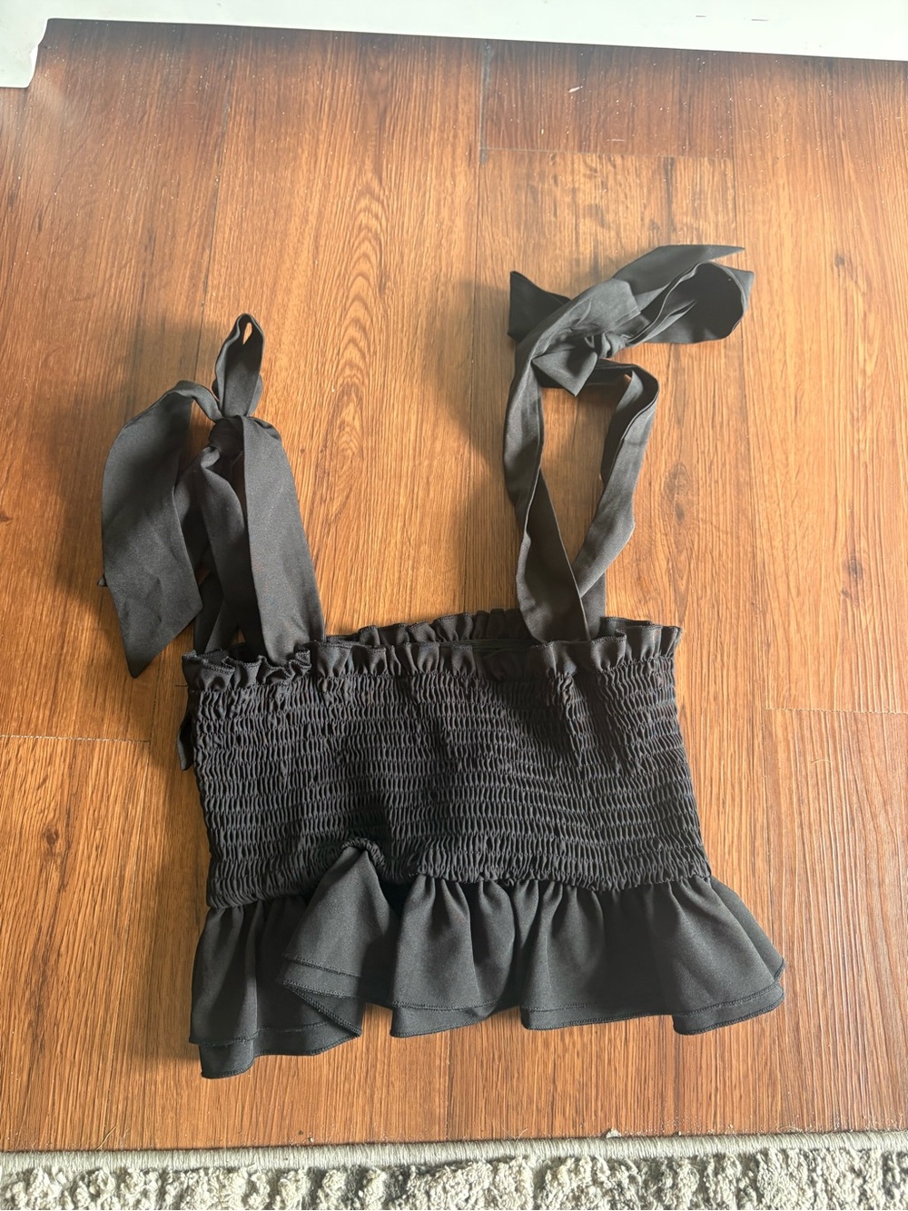 SHEIN Black Smocked Ruffle Tie-Strap Crop Top